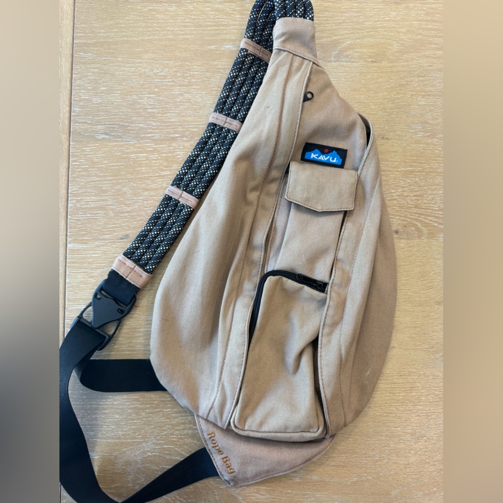 Kavu Tan Canvas Sling Bag with Black Strap